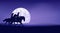 Vector silhouette outline of cowgirl and cowboy riding horse and full moon night landscape