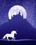 Vector silhouette outline of fairy tale unicorn horse, magic castle and full moon night landscape