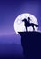 Vector silhouette outline of native american indian chief riding horse and full moon night landscape