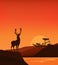 Vector silhouette scene of deer stag standing on cliff at sunset lake