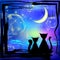 Vector silhouette of two cats. Beautiful blue background with a sunset image.