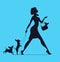 Vector silhouette of woman with dog. Young woman walking dogs.