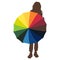 Vector silhouette of a young girl with developing hair, in front of a girl the dome of a large multicolor umbrella, female