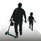 Vector silhouettes of 2 people. The boy and the man go into the distance. The father carries a scooter a backpack