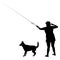 Vector silhouettes of dog breed shepherd dog and woman fisherwoman throws spinning