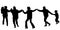 Vector silhouettes of a group of people of different ages, children and adults hold hands, go one after another. Cold season,