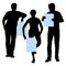 Vector silhouettes of a group of people a slim girl and two tall young men holding posters in hands a place for text