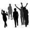 Vector silhouettes of a group people. Young men and women in sportswear in a good mood have fun walking forward waving up