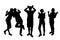Vector silhouettes of group of tourists in summer clothes five people. Young women, men stand with their hands up front of the