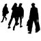 Vector silhouettes of a group of women on the street. Women go in different directions, in a hurry, carrying bags. Passing