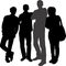 Vector silhouettes of a group of young people tourists of different height of men and a short girl with a bag. People are standing