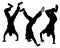 Vector silhouettes of guys dancing break dance. Three strong human figures stand on their hands  energetic young men in motion