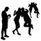 Vector silhouettes of a man with a camera stand sideways, a girl and a guy are posing, a girl waving a friendly hand, a boy stretc