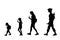 Vector silhouettes of people of different ages. Children go and eat chocolate popsicle ice cream. Little boy in a baseball cap.