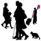Vector silhouettes of people walking. Passers-by two couples, a grandmother with a granddaughter, a man with a woman. Girl tourist