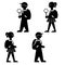 Vector silhouettes of stylized figures of a boy and a girl going to school with flowers and with a briefcase a satchel, a backpack