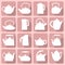 Vector silhouettes stylized flat logo teapot set isolated on pink