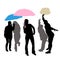 Vector silhouettes of two women with umbrellas and a girl with a basin instead of an umbrella, a group of 5 girls