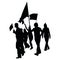 Vector silhouettes of a walking group of people. girls with flags and slogans are going forward, crowd isolated on a white