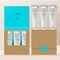 Vector Silver or Metallic Beauty Hand Cream Tube Set. Flip Over Recycled Kraft Paper Packaging Box with Neon Blue Printed Liner