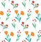 Vector simple ditsy pattern. Natural texture with small flowers, stems and berries on white background. Floral swatch fabric