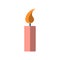 Vector simple icon of a burning candle. Burning pink candle with orange flame, flat icon on a white background. Cartoon
