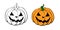 Vector simple scary spooky smiling Halloween pumpkin. Jack o Lantern. Two variants - black contour, color flat drawing