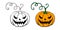 Vector simple scary spooky smiling Halloween pumpkin. Jack o Lantern. Two variants - black contour, color flat drawing