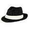 Vector Single Cartoon Black Fedora Hat with Gray Stripes and White Ribbon