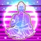 Vector sitting Buddha over the vibrant galaxy background. Modern and bright artwork composition. Religion, Buddhism, boho, spirit.