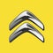 Vector of siver 3D Citroen logo with black side on yellow background.