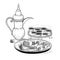 Vector sketch drawing ethnic Arabic cup and copper coffeepot, big plate East sweets.