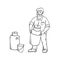 Vector sketch farmer bearded village man in working clothes on ranch with large can of milk in his hands. Capacity and