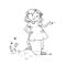Vector sketch girl teenager worth important and says. Child in dress on meadow with grass, flowers and butterflies