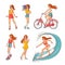 Vector sketch girls summer leisure activity set