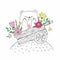 Vector sketch illustration of cute North Pole white bear sitting in wood cart with flowers, summer spring card
