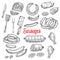 Vector sketch meat sausage products icons set
