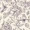 Vector sketch pattern with birds and flowers. Monochrome flower design for web, wrapping paper, phone cover, textile