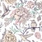 Vector sketch pattern with birds and flowers. Monochrome flower design for web, wrapping paper, phone cover, textile