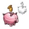 Vector sketch piggy bank and golden coins icon