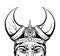 Vector sketch portrait of an ancient viking in a horned helmet. The head of a barbarian warrior. Angry eyes. Ink element