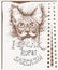 Vector sketch of a stylized kitten\'s face with eyeglasses and text I speak fluent sarcasm. Hand-drawn cute fluffy cat