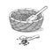 Vector sketch wicker basket with grain and shovel iIllustration black and white of ingraving style. Harvesting and