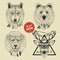 Vector sketch of wild animal heads bear, wolf, lion, deer in hipster style