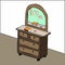 Vector sketch of a wooden chest of drawers with a mirror. Hand-drawn, outline, bedroom furniture, a place to store household items