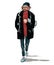 Vector sketch of a  young man walking with a newspaper and coffe, casula look, mens fashion