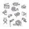 Vector sketches of cinema. Hand drawings on a white background. Entertainment arts handdrawn decorative icons set