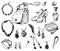 Vector sketches of various sets of female jewelry and accessories