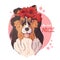Vector sketching illustrations. Portrait of collie dog with a wreath of poppies