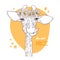 Vector sketching illustrations. Portrait of giraffe with a wreath of daisies